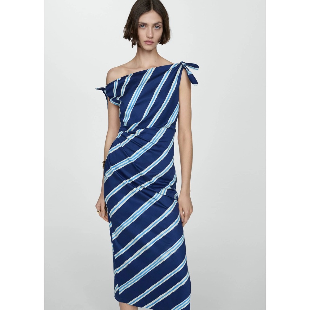 Mango Navy and Light Blue Striped One-Shoulder Midi Dress